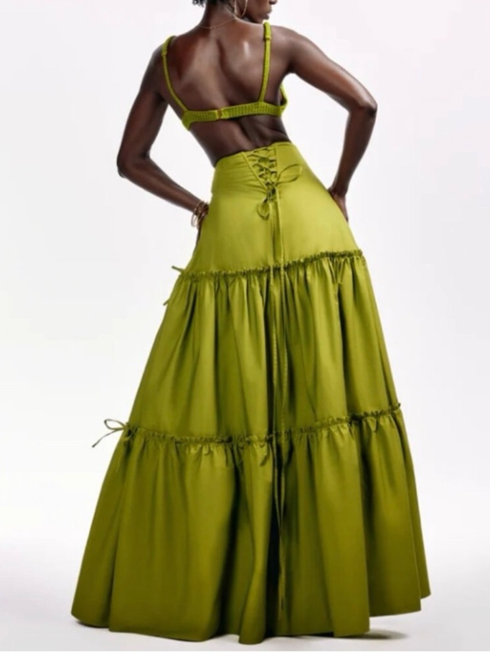 Hanifa Olive Green Tiered Maxi Skirt and crop - Picture 2 of 7